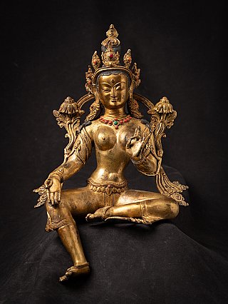 Green Tara bronze statue from Nepal, seated with vitarka mudra, full front view