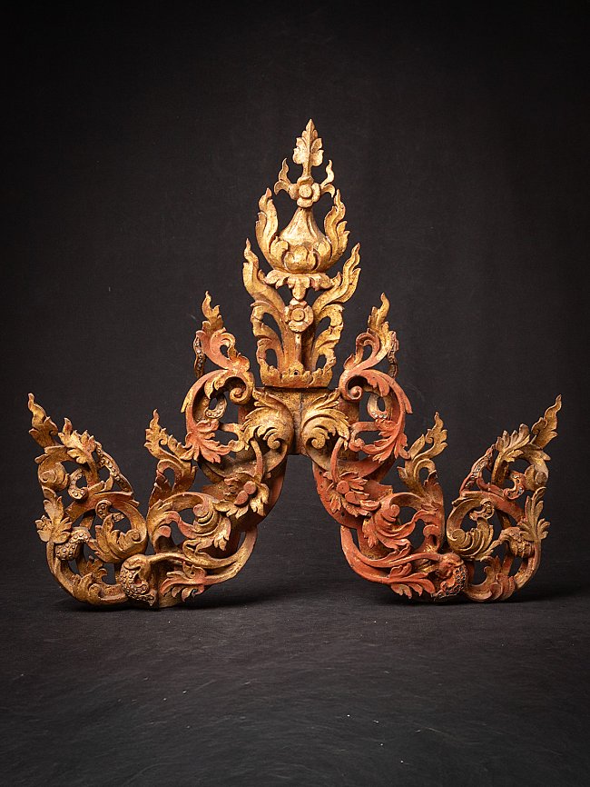 Antique Burmese wooden temple panel, Mandalay style, full front view with openwork carving