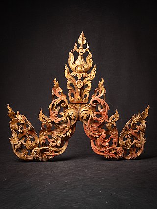 Antique Burmese wooden temple panel, Mandalay style, full front view with openwork carving