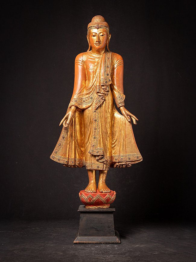 Wooden Mandalay Buddha statue from Burma, 19th century, full front view on red base