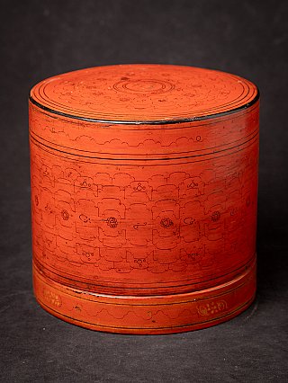 Burmesische Lackware-Betelnussdose mit Deckel, zylindrische Form mit Ritzdekor