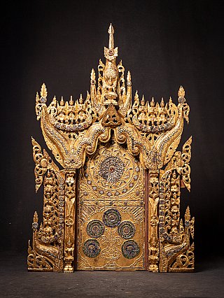 Antique Burmese wooden temple panel, gilded carved frame with central door, full front view
