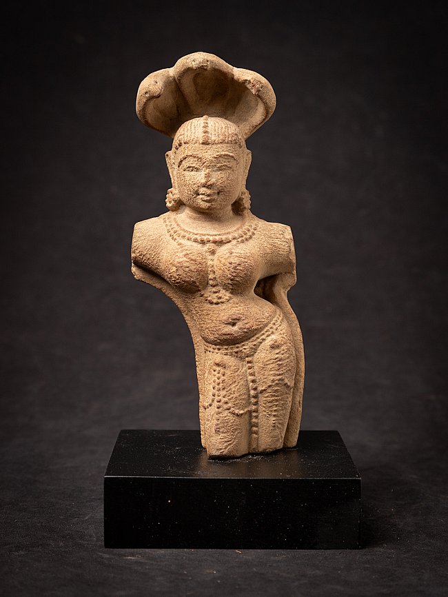 Indian Nagini statue on black base, full front view, with cobra hood over the head
