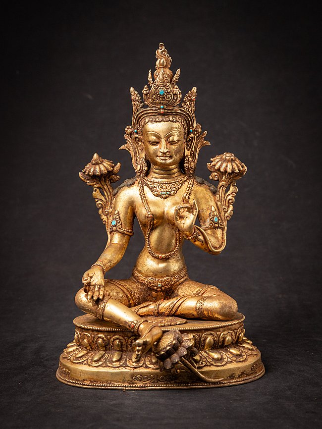 Green Tara bronze statue from Nepal, seated with vitarka mudra, full front view