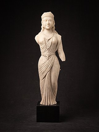 Antique Indian Parvati marble statue, standing full front view on a black base