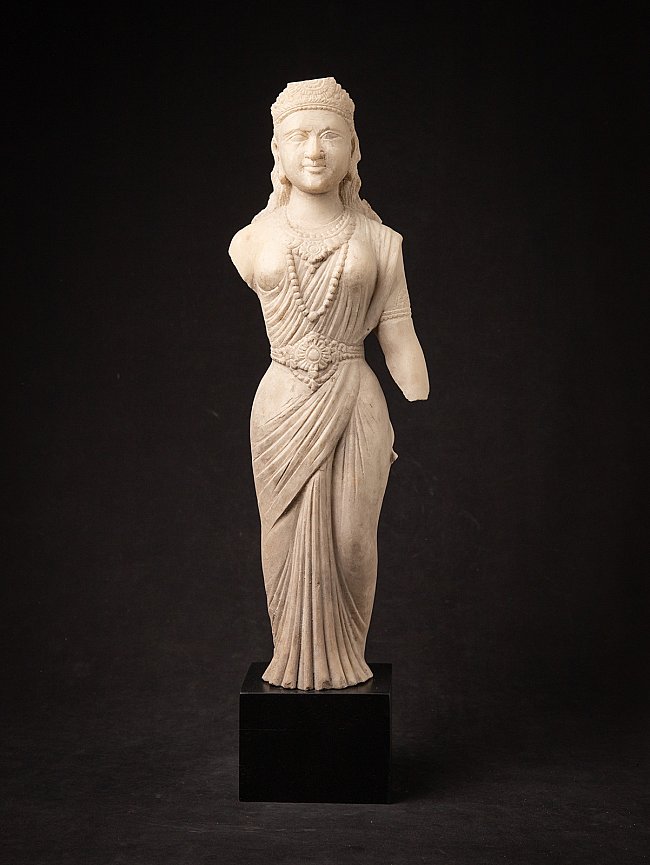 Antique Indian Parvati marble statue, standing full front view on a black base