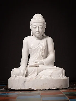 Burmese marble Buddha statue seated in bhumisparsha mudra, full front view