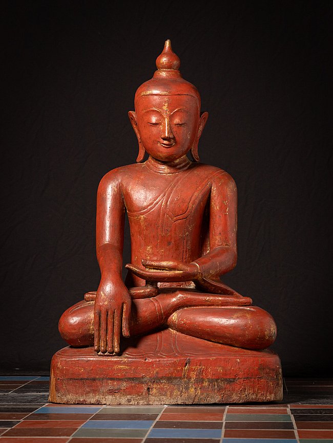 Large antique wooden Ava Buddha statue from Burma (Myanmar), seated, full-front view