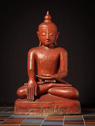 Large antique wooden Ava Buddha statue from Burma (Myanmar), seated, full-front view