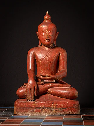 Large antique wooden Ava Buddha statue from Burma (Myanmar), seated, full-front view