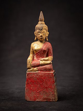 Thai wooden Buddha statue seated in bhumisparsha mudra, red lacquer and gilding, front view