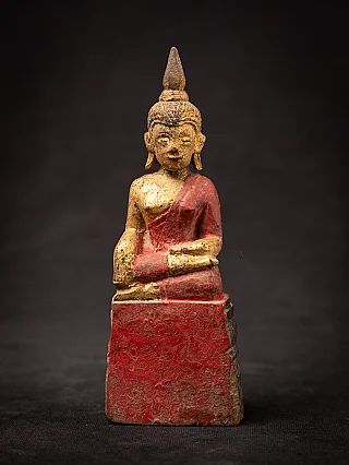 Thai wooden Buddha statue seated in bhumisparsha mudra, red lacquer and gilding, front view