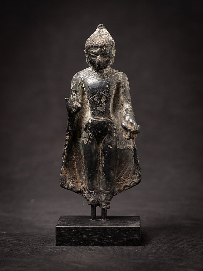 Burmese bronze Buddha statue, standing, full front view on black display base