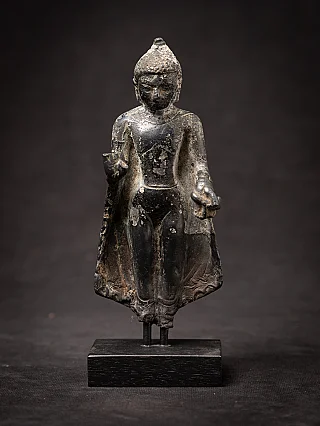 Burmese bronze Buddha statue, standing, full front view on black display base