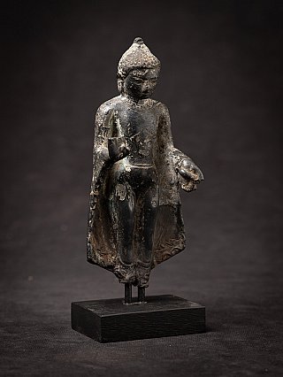 Burmese bronze Buddha statue, standing, three-quarter view with robe and display base
