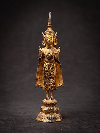 Stehende thailändische Buddha-Statue aus Bronze, Vorderansicht mit Abhaya-Mudra auf Rundsockel