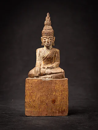 Antique Thai wooden Buddha statue on rectangular base, seated in bhumisparsha mudra, full front