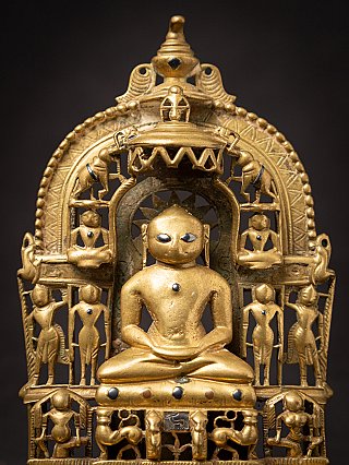 Antique brass Jain altar inlaid with silver and copper