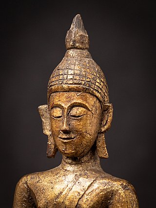 Three-quarter face detail of the Thai wooden Buddha statue showing ear and headdress