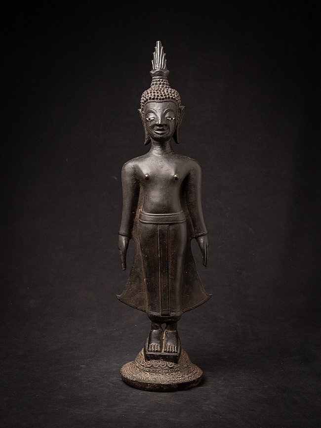 Laotian bronze Buddha statue standing on an ornate round base, full front view