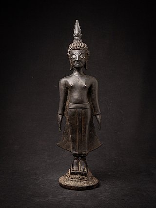 Laotian bronze Buddha statue standing on an ornate round base, full front view