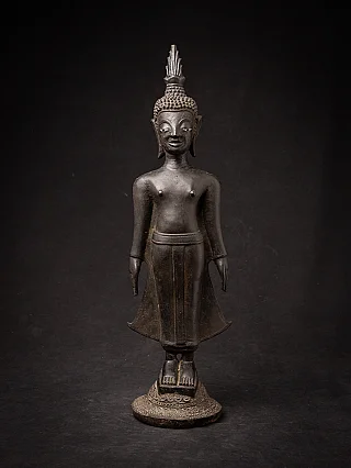 Laotian bronze Buddha statue standing on an ornate round base, full front view