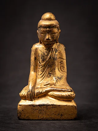 Burmese Shan Buddha statue in wood, seated in bhumisparsha mudra, full front view