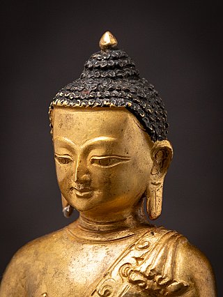 Nahaufnahme des Buddha-Gesichts in Dreiviertelansicht mit Ohrläppchen und Haarstruktur