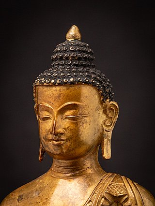 Three-quarter face detail of the Nepali bronze Buddha, highlighting ear and hair curls