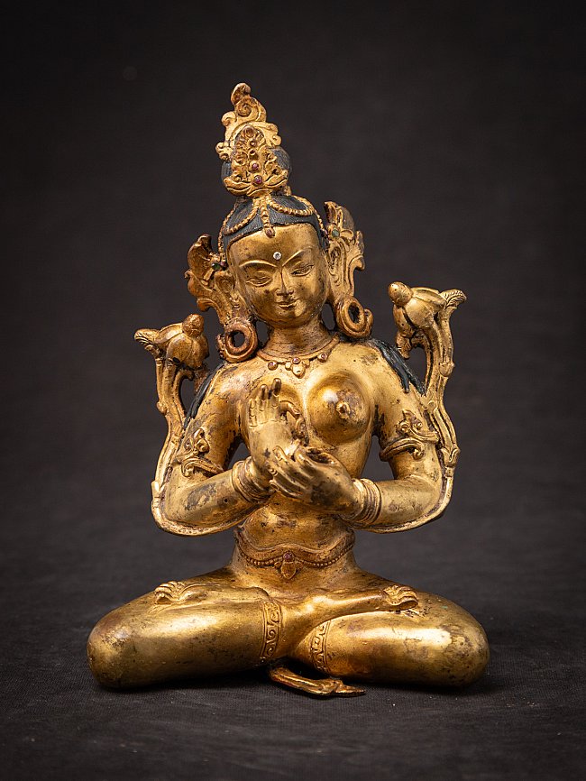 Nepali Green Tara bronze statue seated with dharmachakra mudra, full front view