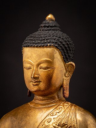Three-quarter face detail of the Nepali bronze Buddha statue showing ear and hair curls