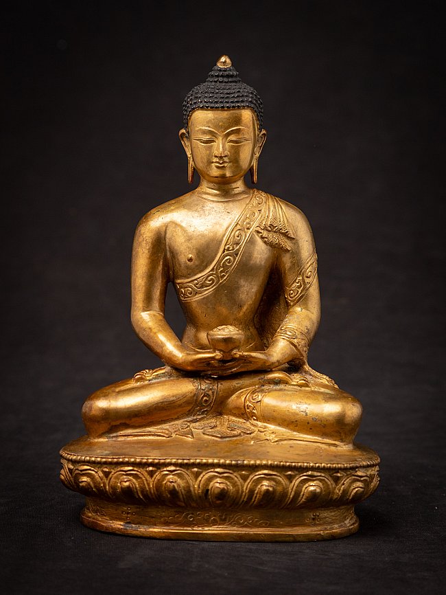 Nepali bronze Buddha statue seated in dhyana mudra, full front view on lotus base