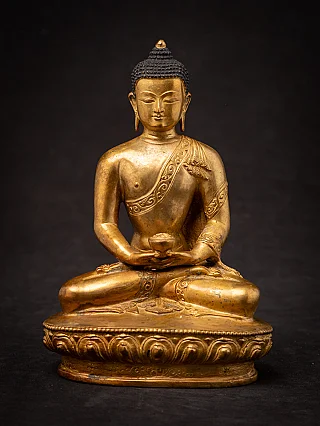 Nepali bronze Buddha statue seated in dhyana mudra, full front view on lotus base
