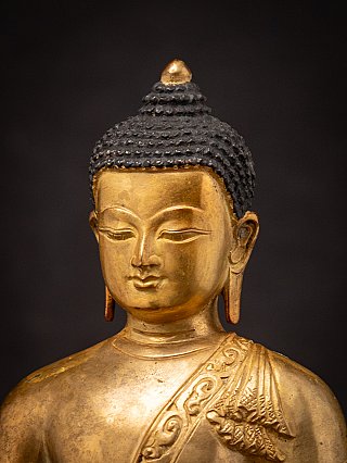 Three-quarter face detail of the Nepali bronze Buddha statue showing ushnisha and ear