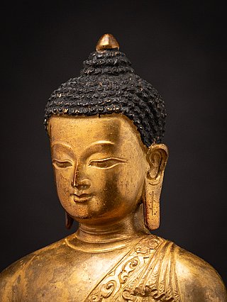 Three-quarter face detail of the bronze Buddha showing the earlobe and textured hair