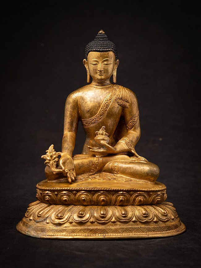 Nepalesische Bronze-Statue des Medizin-Buddha auf Lotussockel, Frontalansicht