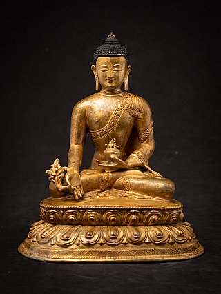 Nepalesische Bronze-Statue des Medizin-Buddha auf Lotussockel, Frontalansicht