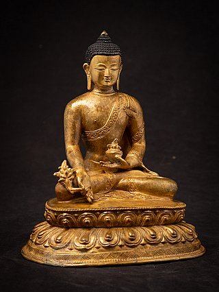 Sitzende bronzene Medizin-Buddha-Statue aus Nepal mit Lotussockel, frontal