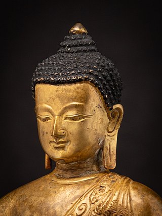 Detail des Gesichts der Medizin-Buddha-Statue, schräg links mit Ohr