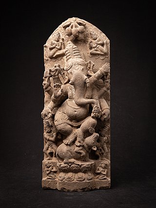 Indian sandstone Ganesha relief panel, full front view with attendant figures and arched top
