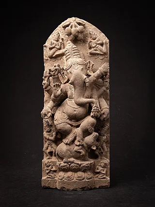 Indian sandstone Ganesha relief panel, full front view with attendant figures and arched top