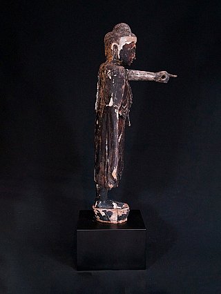 Wooden Mandalay Buddha statue from Burma, right side view with extended arm