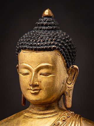 Schuin detail van het gezicht van de Nepalese bronzen Medicijnboeddha met zicht op oor en haar
