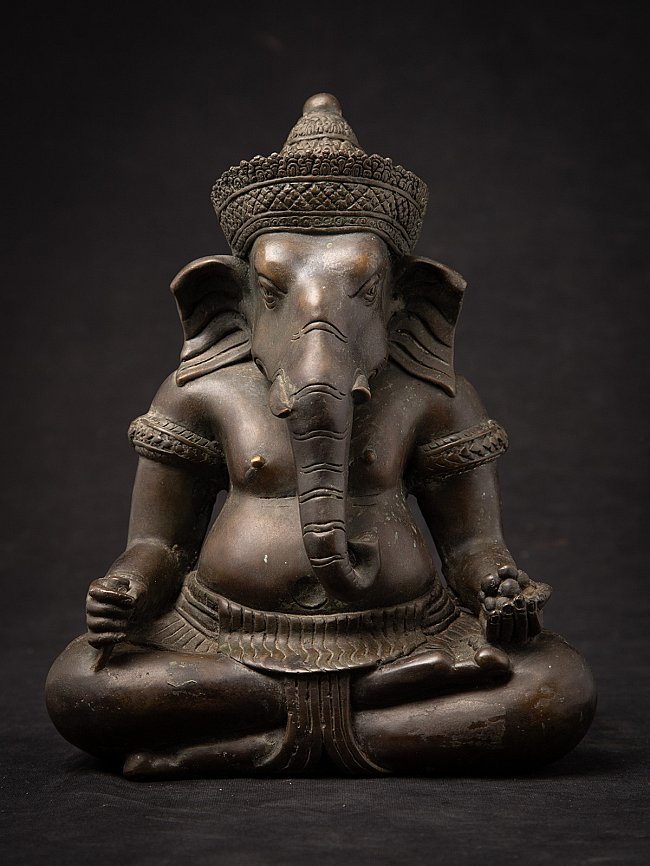 Bronze Ganesha statue from India, seated cross-legged, full front view with headdress
