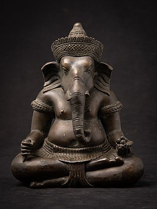 Bronze Ganesha statue from India, seated cross-legged, full front view with headdress