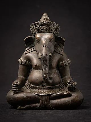 Bronze Ganesha statue from India, seated cross-legged, full front view with headdress