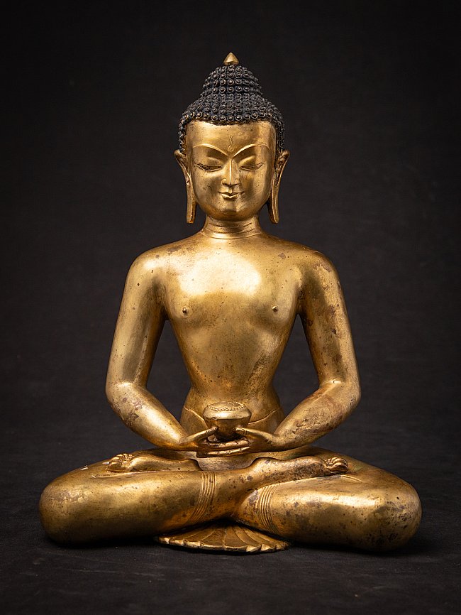 Nepali gilded bronze Buddha statue seated in dhyana mudra, full-front view