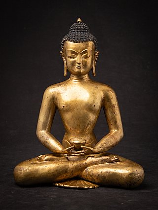 Nepali gilded bronze Buddha statue seated in dhyana mudra, full-front view