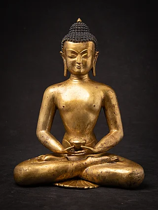 Nepali gilded bronze Buddha statue seated in dhyana mudra, full-front view