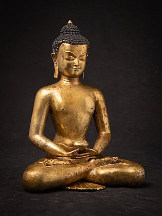 Nepali gilded bronze Buddha statue in dhyana mudra, three-quarter front view